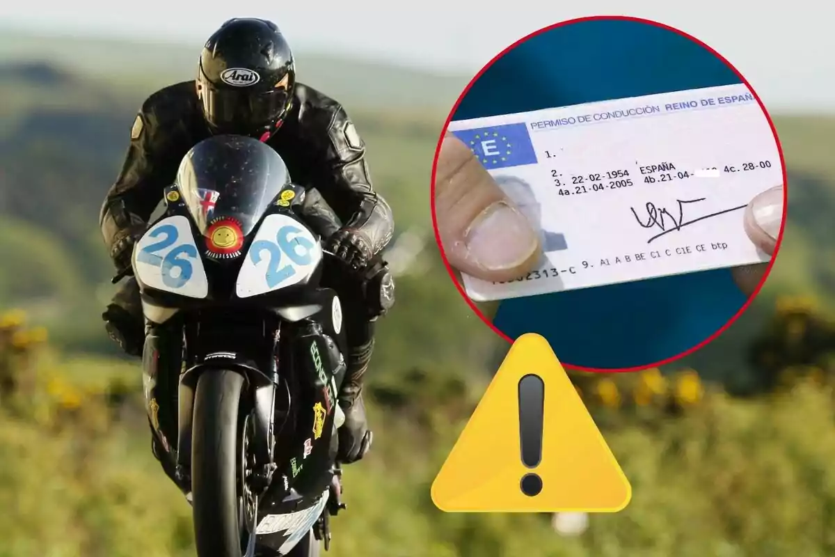 Persona conduciendo una motocicleta con el número 26 y un recuadro que muestra una mano sosteniendo un permiso de conducir español junto a un icono de advertencia amarilla