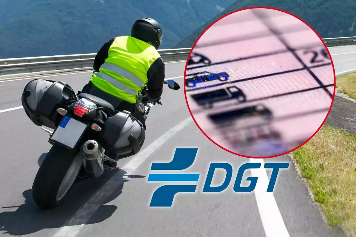 Motociclista con chaleco reflectante circulando por una carretera de montaña junto al logo de la DGT y una imagen ampliada de un permiso de conducir