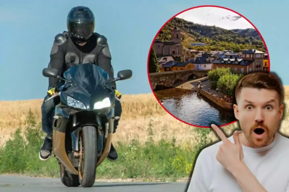 Un motociclista con equipo de protección conduce por una carretera rural mientras un hombre sorprendido señala una imagen circular de un pueblo pintoresco con río y puente.