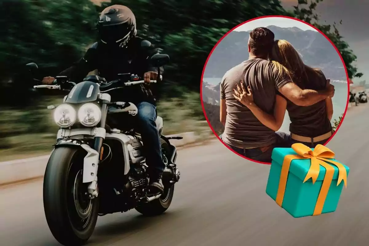 Persona conduciendo una motocicleta en carretera con un círculo que muestra a una pareja abrazada y una caja de regalo azul con lazo amarillo