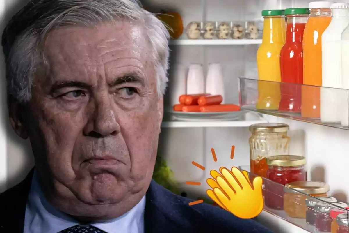 Carlo Ancelotti con expresión seria frente a un refrigerador abierto con botellas de jugo y frascos, acompañado de un emoji de aplauso