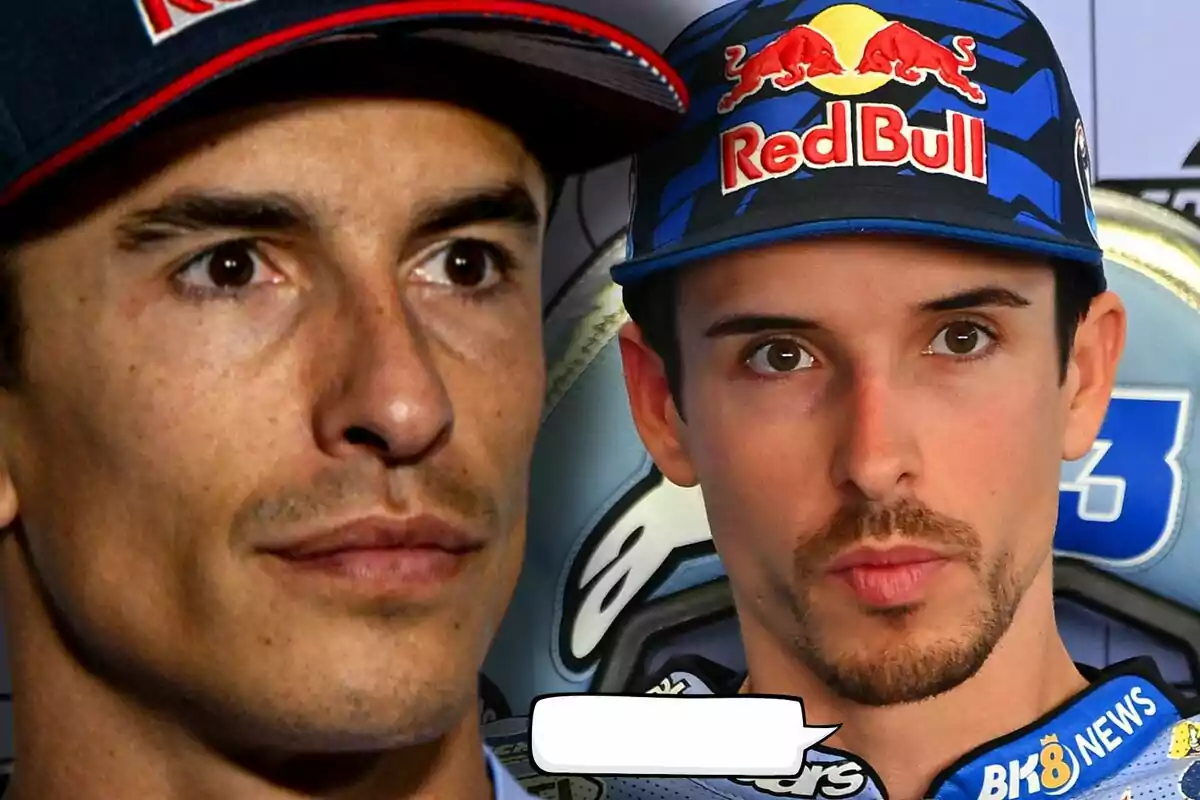 Marc y Àlex Márquez con gorras de Red Bull miran hacia el frente, uno de ellos lleva un uniforme de carreras y hay un recuadro de diálogo vacío en la parte inferior.