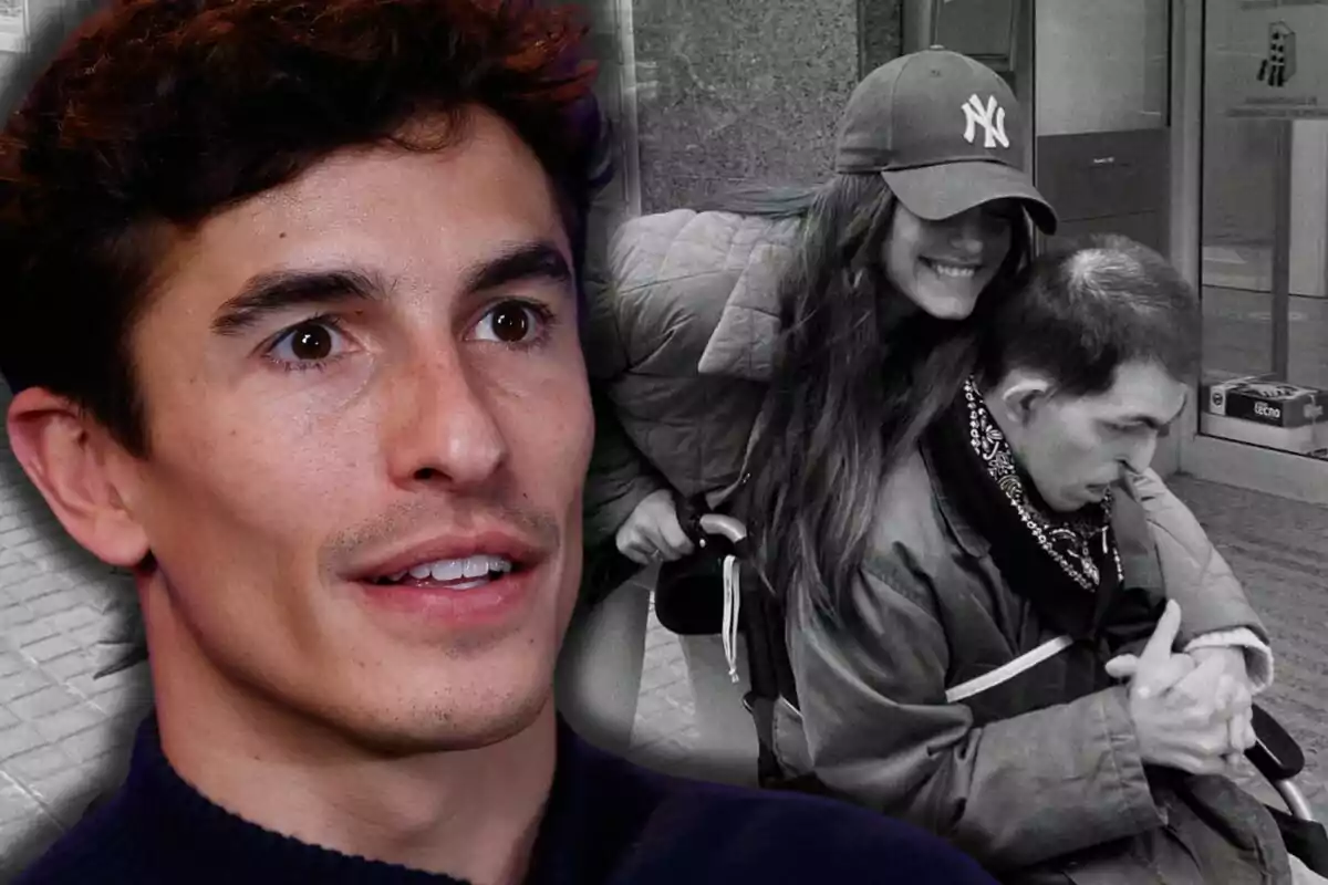 Primer pla de Marc Márquez amb expressió atenta i al fons una imatge en blanc i negre de Gemma Pinto somrient mentre abraça un home en cadira de rodes Primer pla de Marc Márquez amb expressió atenta i al fons una imatge en blanc i negre de Gemma Pinto somrient mentre abraça un home en cadira de rodes