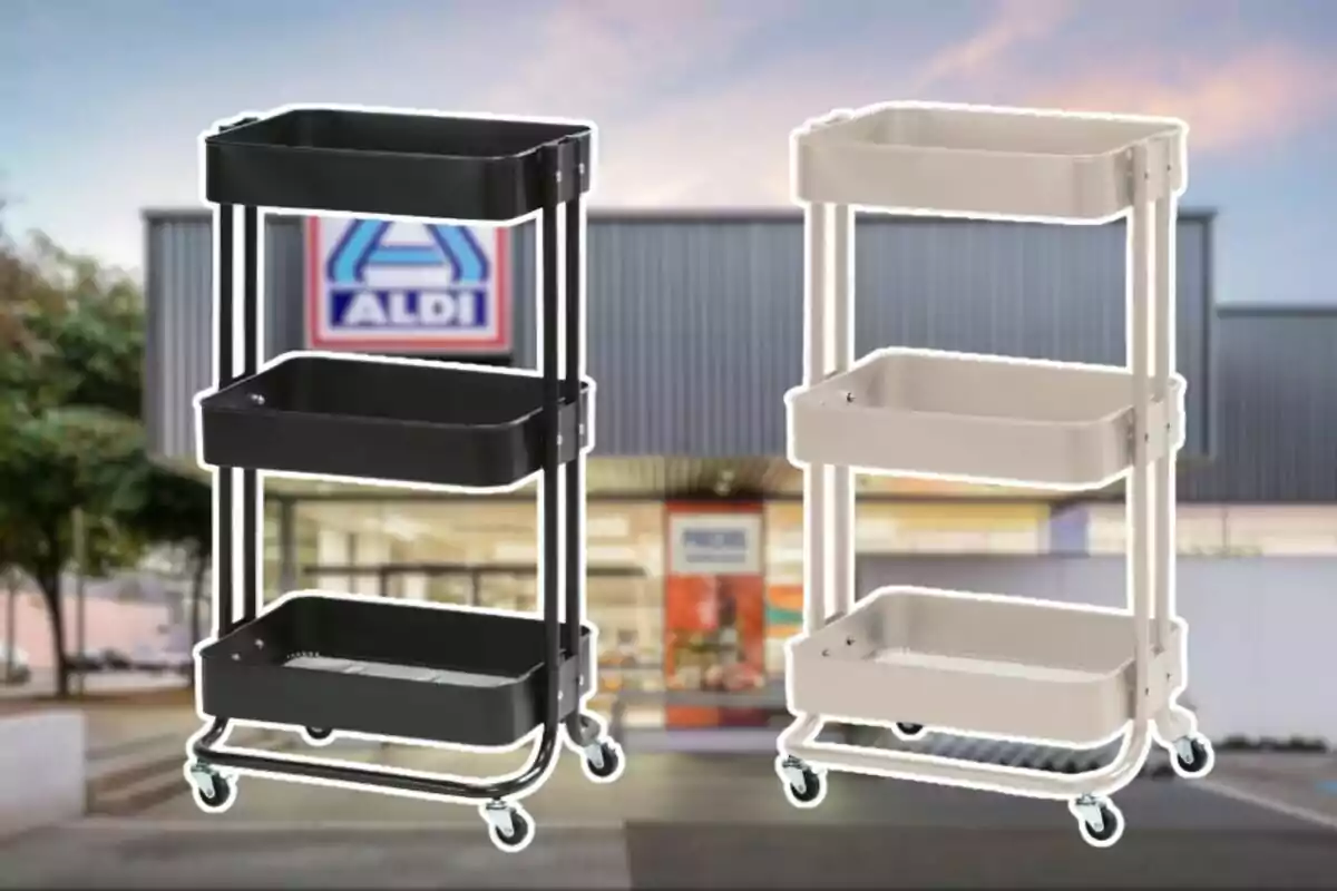 Dos carritos organizadores de tres niveles, uno negro y uno beige, con ruedas, frente a una tienda Aldi desenfocada. Dos carritos organizadores de tres niveles, uno negro y uno beige, con ruedas, frente a una tienda Aldi desenfocada.