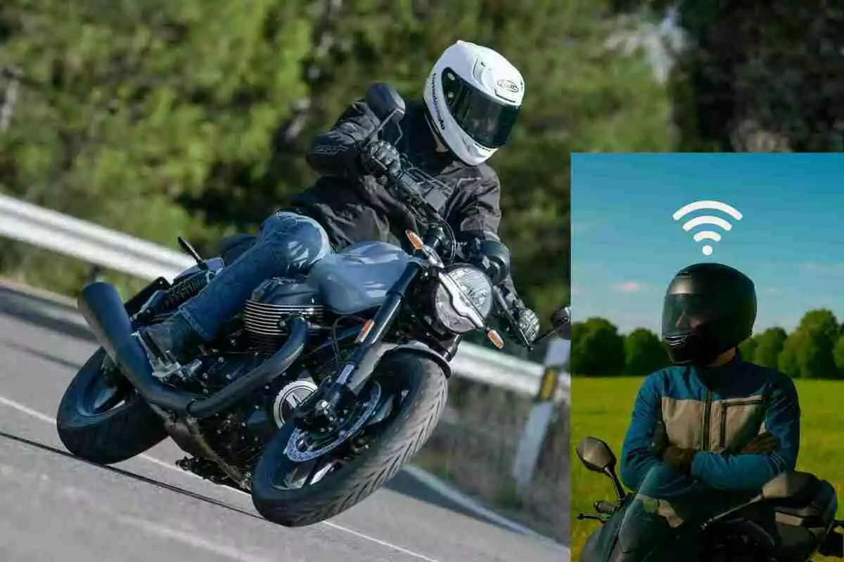 Persona conduint una motocicleta per una carretera amb un requadre que mostra una altra persona amb casc i un símbol de wifi sobre el cap en un entorn natural