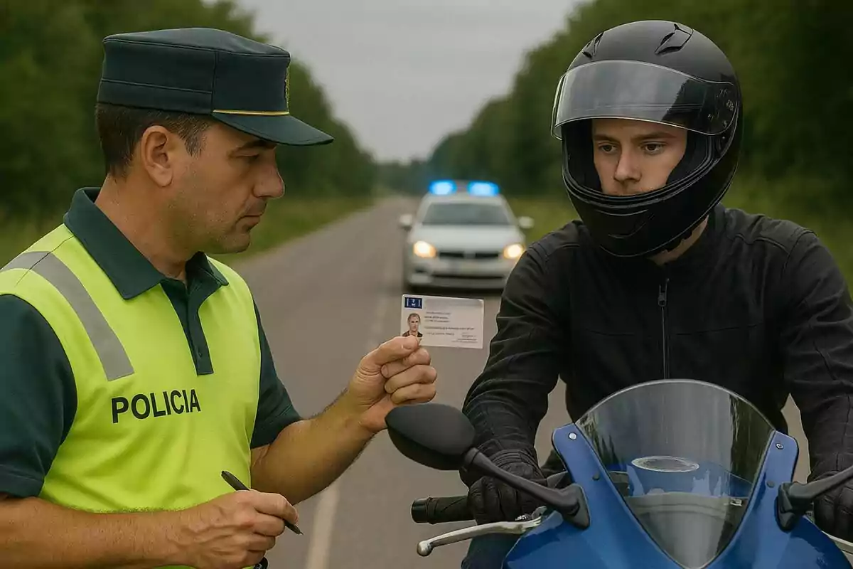 Un policía revisa la licencia de conducir de un motociclista detenido en una carretera mientras una patrulla con las luces encendidas está al fondo. Un policía revisa la licencia de conducir de un motociclista detenido en una carretera mientras una patrulla con las luces encendidas está al fondo.