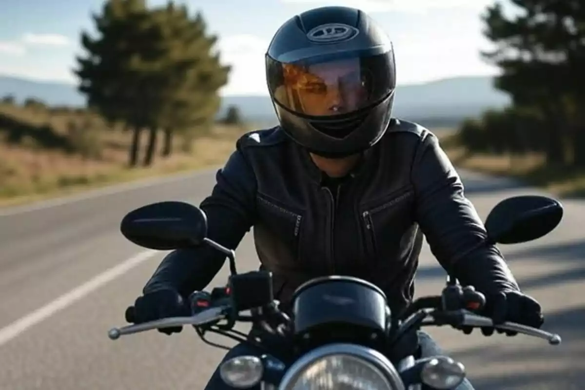 Persona con casco y chaqueta de cuero negra conduciendo una motocicleta en una carretera rodeada de árboles. Persona con casco y chaqueta de cuero negra conduciendo una motocicleta en una carretera rodeada de árboles.