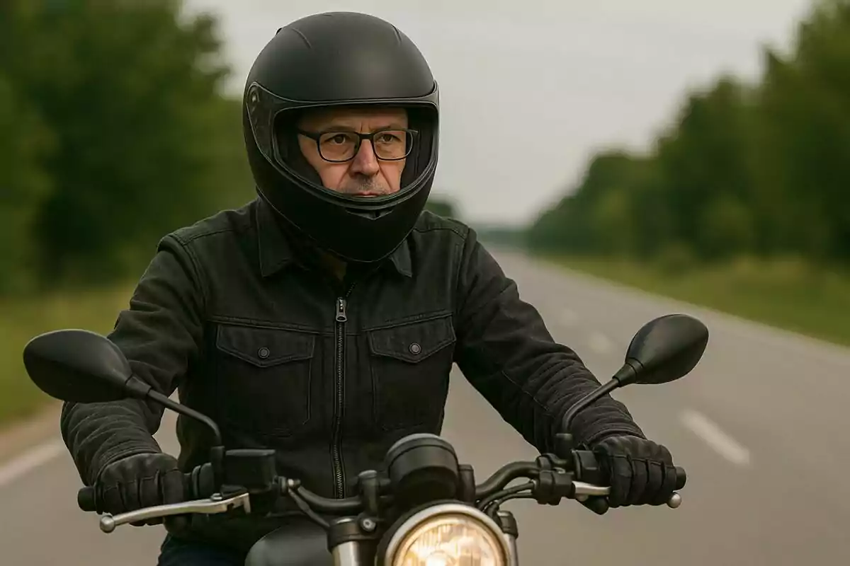 Hombre con casco negro y gafas conduciendo una motocicleta en una carretera rodeada de árboles. Hombre con casco negro y gafas conduciendo una motocicleta en una carretera rodeada de árboles.