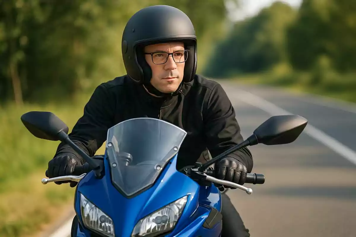 Hombre con casco y gafas conduciendo una motocicleta azul por una carretera rodeada de árboles. Hombre con casco y gafas conduciendo una motocicleta azul por una carretera rodeada de árboles.