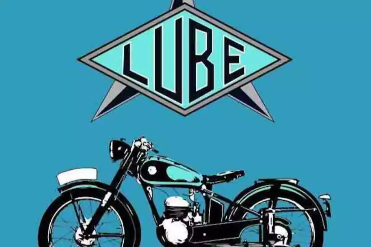 Logo de la marca Lube en colores azul y negro con una ilustración de una motocicleta clásica en la parte inferior sobre un fondo azul Logo de la marca Lube en colores azul y negro con una ilustración de una motocicleta clásica en la parte inferior sobre un fondo azul