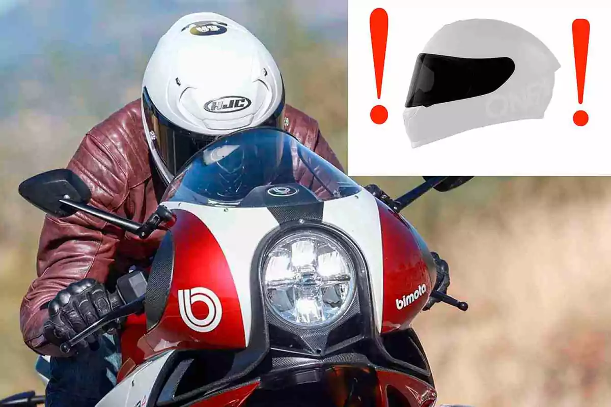 Persona conduciendo una motocicleta deportiva con chaqueta de cuero y casco blanco, en la esquina superior derecha aparece un casco y dos signos de exclamación rojos