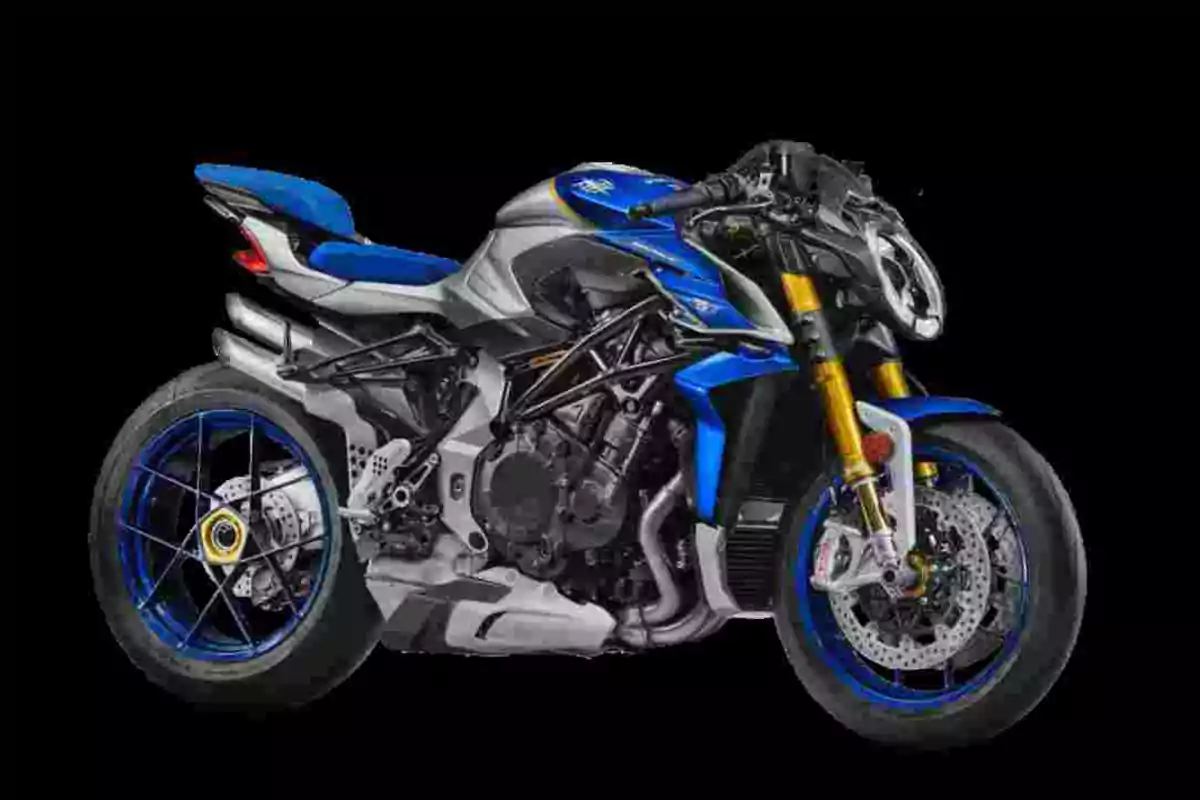 Motocicleta esportiva de color blau i gris amb detalls daurats sobre un fons negre Motocicleta esportiva de color blau i gris amb detalls daurats sobre un fons negre