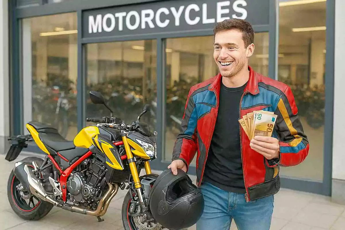 Hombre sonriente con chaqueta de motociclista sosteniendo un casco negro y varios billetes frente a una tienda de motocicletas junto a una moto amarilla