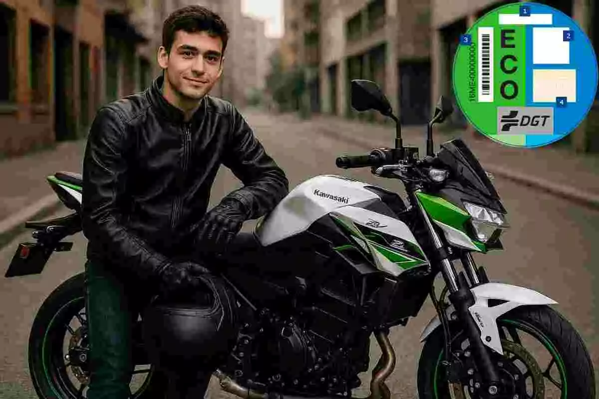 Joven con chaqueta de cuero negro sentado en una motocicleta Kawasaki blanca y verde en una calle urbana con un casco en la mano y una etiqueta ecológica de la DGT en la esquina superior derecha