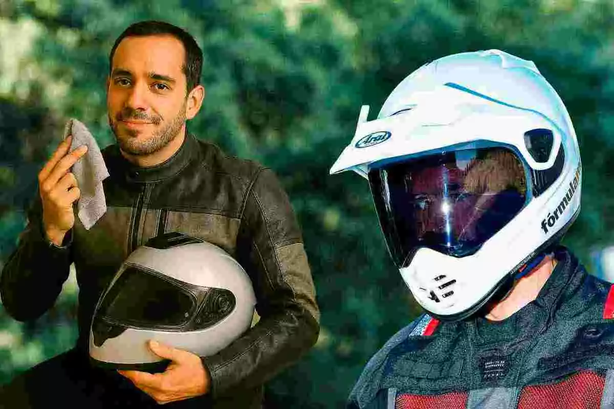 Un home amb jaqueta de motorista sosté un casc i una tela mentre una altra persona porta un casc blanc amb visera fosca i jaqueta protectora.