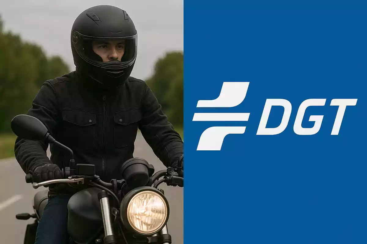 Un hombre con casco negro conduce una motocicleta y al lado aparece el logotipo de la DGT sobre fondo azul. Un hombre con casco negro conduce una motocicleta y al lado aparece el logotipo de la DGT sobre fondo azul.
