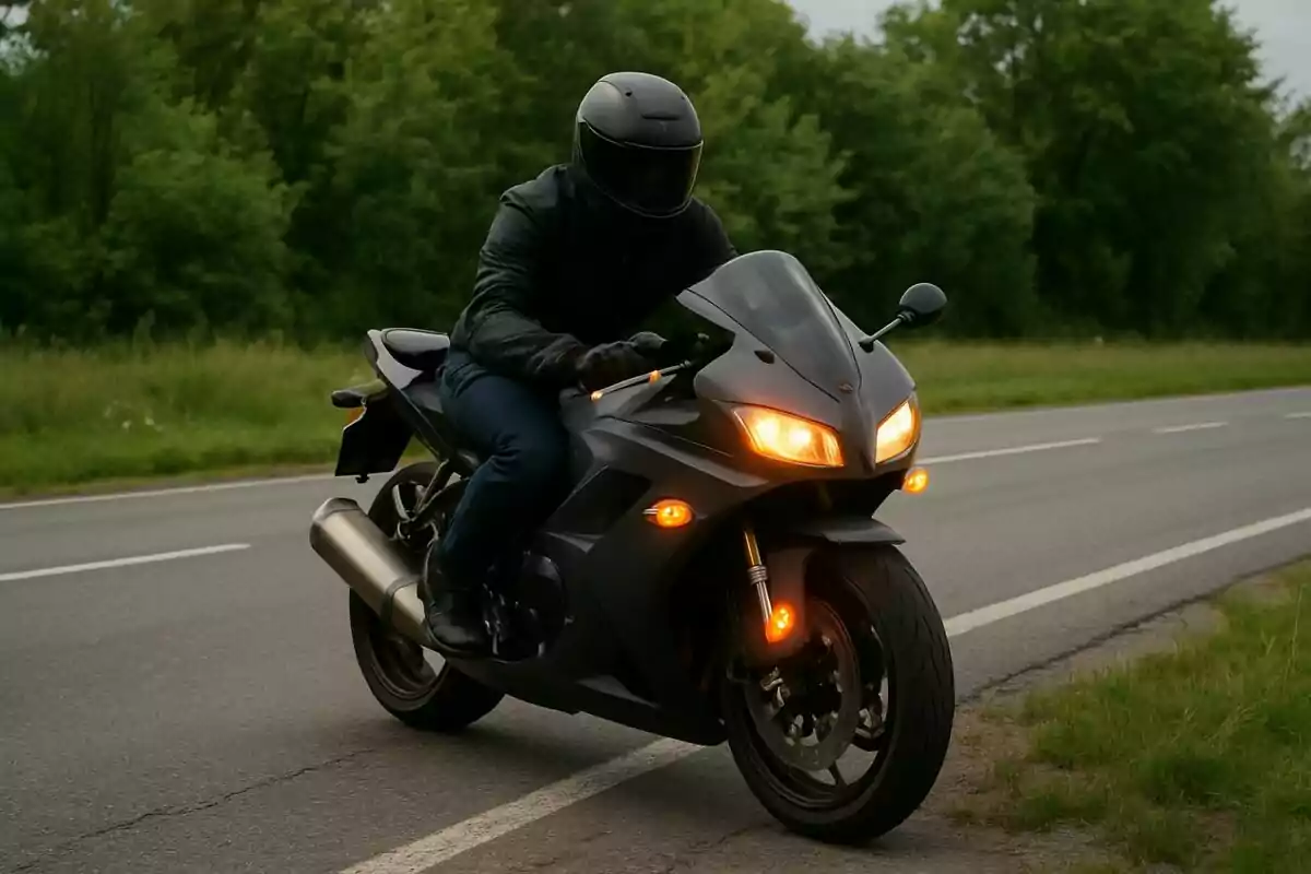 Persona con casco negro conduciendo una motocicleta deportiva negra con las luces encendidas en una carretera junto a un área verde. Persona con casco negro conduciendo una motocicleta deportiva negra con las luces encendidas en una carretera junto a un área verde.
