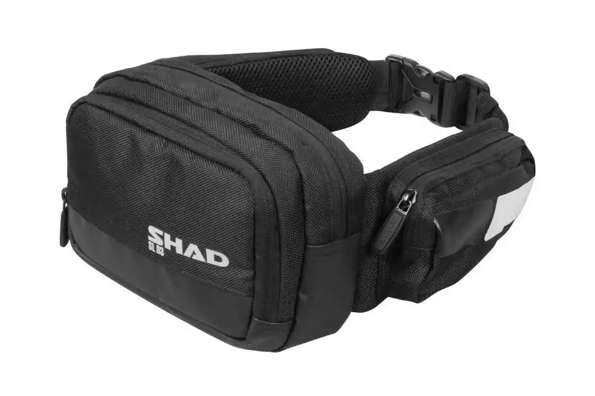 Black fabric fanny pack with multiple compartments and buckle closure, Shad brand Black fabric fanny pack with multiple compartments and buckle closure, Shad brand