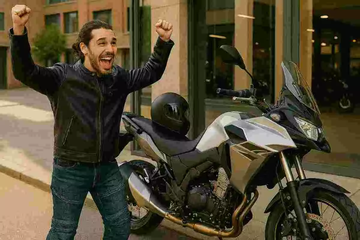 Hombre sonriente con los brazos en alto junto a una motocicleta estacionada en la calle