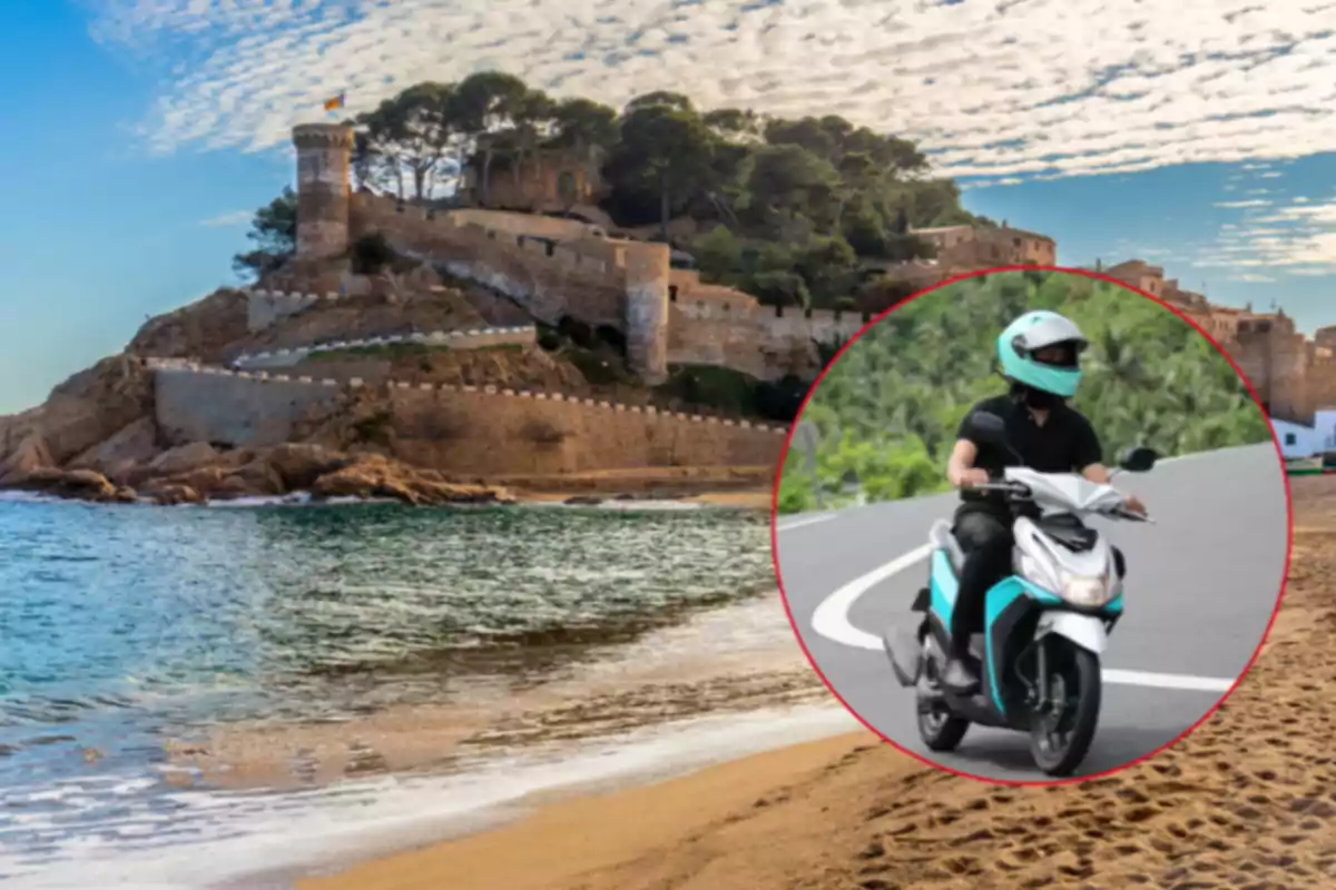 Castillo junto al mar con una persona en motocicleta dentro de un círculo superpuesto Castillo junto al mar con una persona en motocicleta dentro de un círculo superpuesto