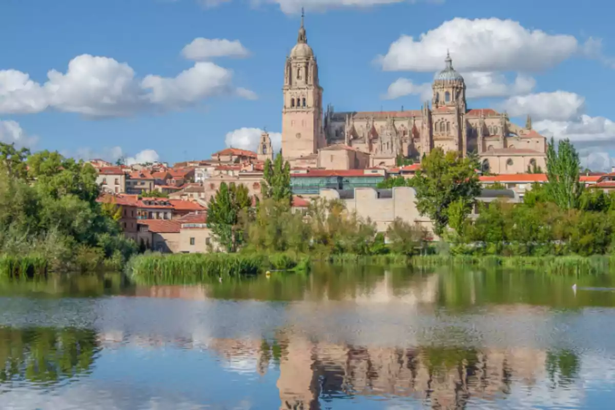 Vista panorámica de la catedral de Salamanca reflejada en el río Tormes en un día soleado con cielo azul y nubes blancas Vista panorámica de la catedral de Salamanca reflejada en el río Tormes en un día soleado con cielo azul y nubes blancas