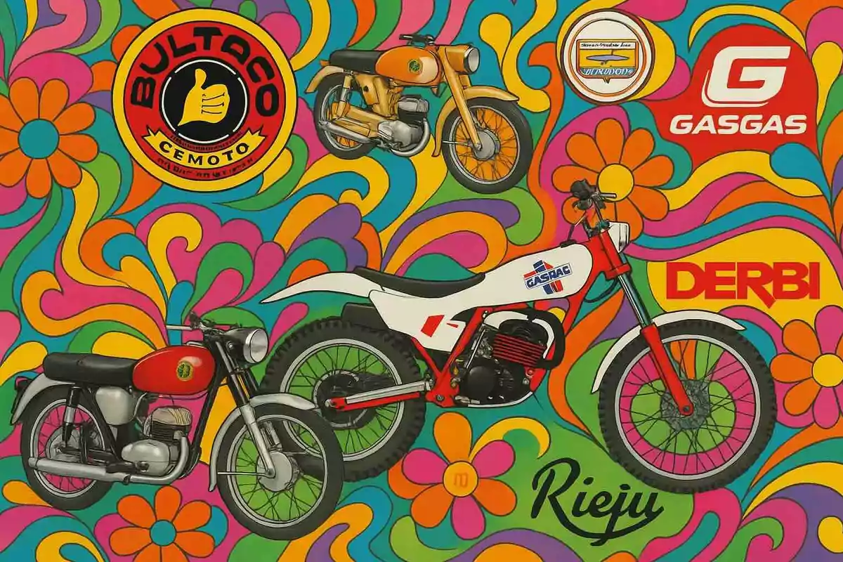Ilustración colorida de fondo psicodélico con flores y formas abstractas, tres motocicletas clásicas y varios logotipos de marcas españolas como Bultaco, GasGas, Derbi y Rieju Ilustración colorida de fondo psicodélico con flores y formas abstractas, tres motocicletas clásicas y varios logotipos de marcas españolas como Bultaco, GasGas, Derbi y Rieju
