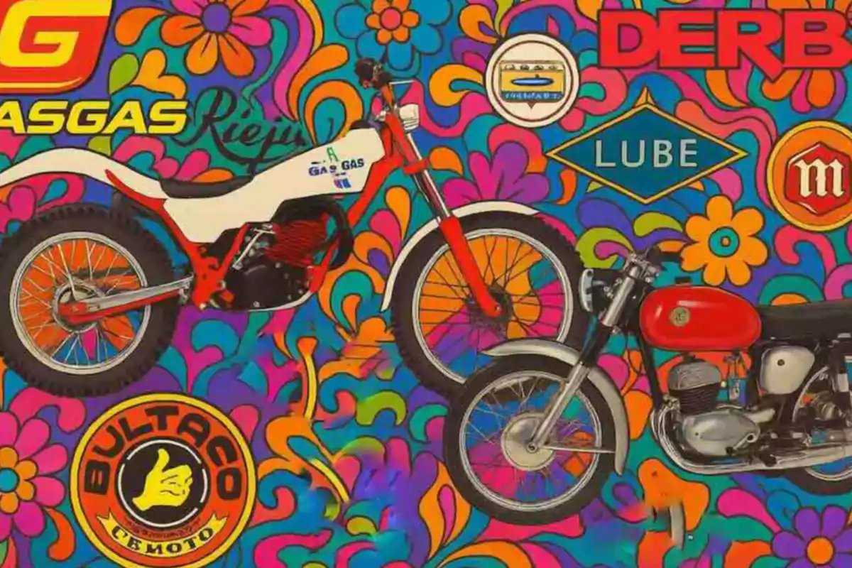 Dos motocicletas clásicas sobre un fondo psicodélico de colores vivos con logotipos de marcas españolas como GasGas, Bultaco, Derbi, Lube y Rieju