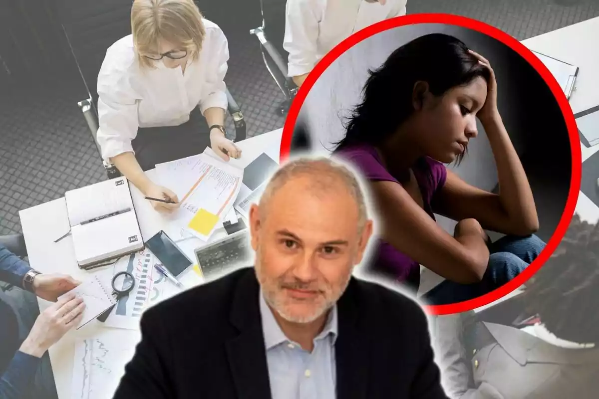 Montaje de fotos en el que Ángel Luís Guillen Torregrosa aparece en primer plano, al fondo se observa una reunión de trabajo y una imagen circular de una mujer con expresión de preocupación o tristeza.