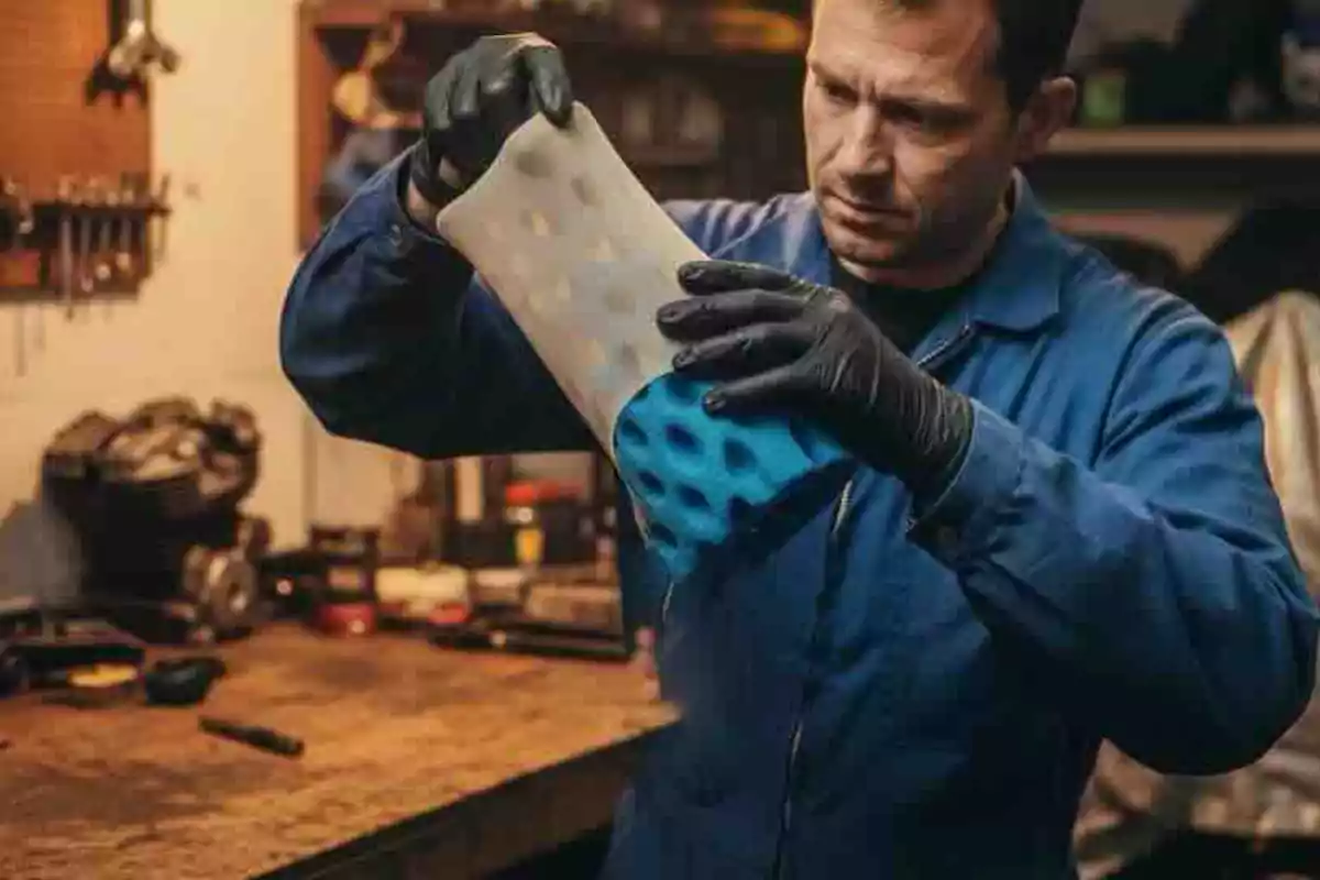 Hombre con guantes negros y overol azul inspeccionando una pieza de material esponjoso en un taller mecánico Hombre con guantes negros y overol azul inspeccionando una pieza de material esponjoso en un taller mecánico
