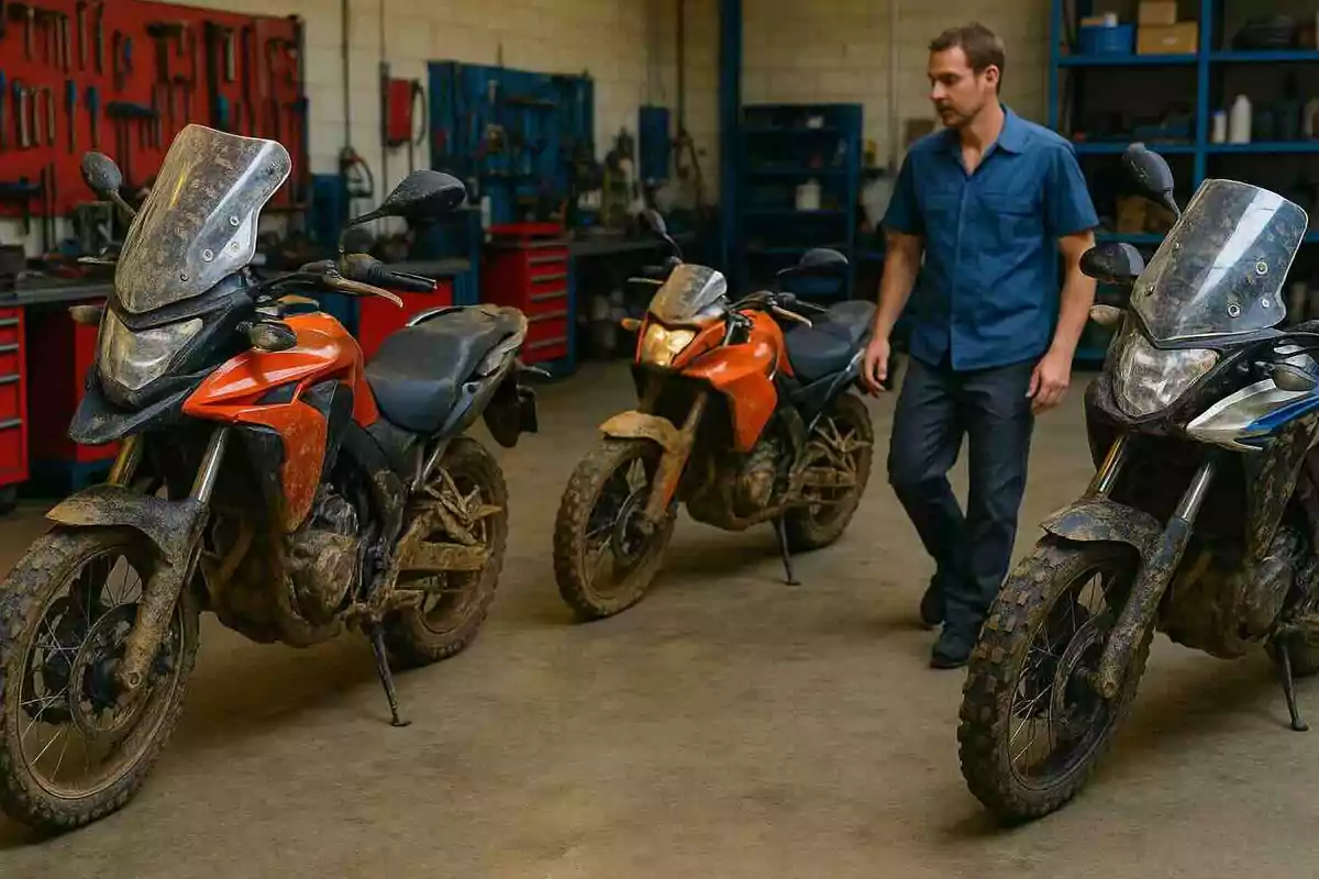 Hombre con uniforme azul en un taller de motos junto a tres motocicletas sucias de lodo