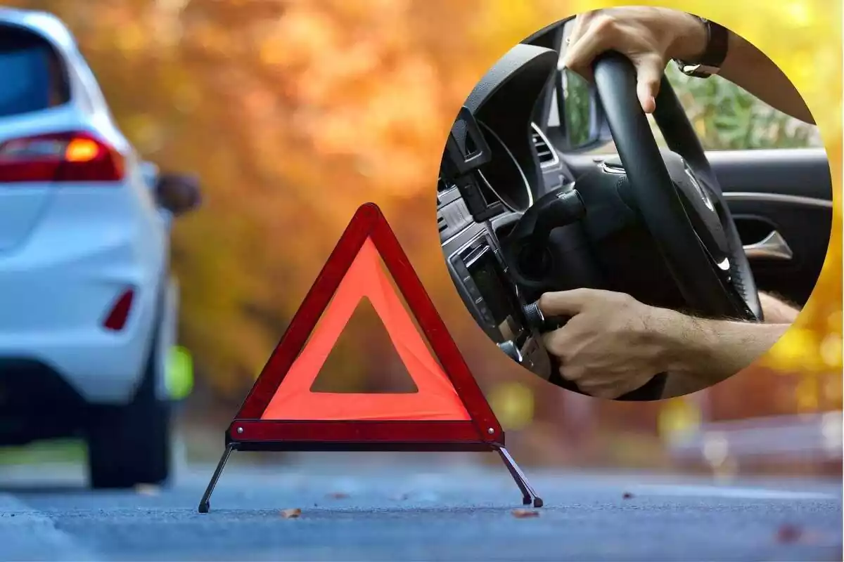 Una imagen de un coche parado en la carretera con un triangulo de señalización colocado en el suelo y otra imagen de las manos de una persona al volante de un coche y tocando un botón de la radio Una imagen de un coche parado en la carretera con un triangulo de señalización colocado en el suelo y otra imagen de las manos de una persona al volante de un coche y tocando un botón de la radio