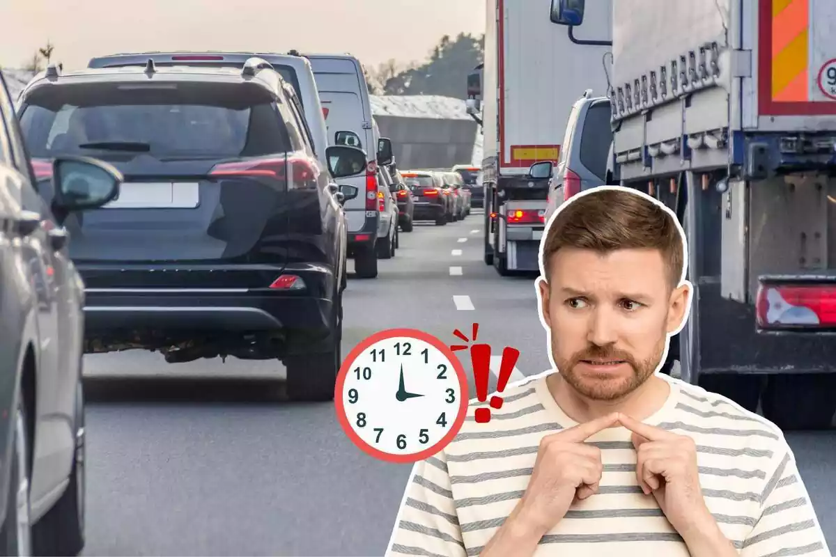 Imagen de fondo de varios coches en un atasco en la carretera junto a una imagen de un hombre con gesto de proucpación y a su lado unos emoticonos de un reloj y unas exclamaciones Imagen de fondo de varios coches en un atasco en la carretera junto a una imagen de un hombre con gesto de proucpación y a su lado unos emoticonos de un reloj y unas exclamaciones