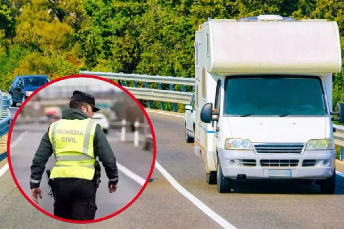 Imagen de fondo de una autocaravana circulando por una carretera junto a otra imagen de un Guardia Civil de Tráfico