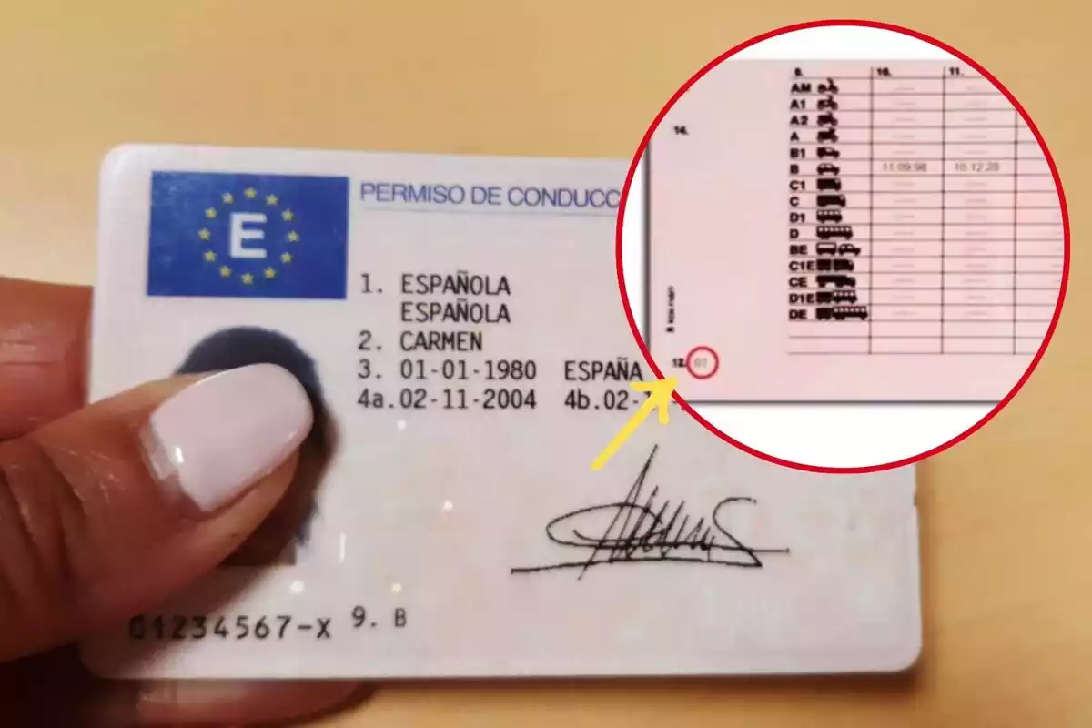 Imagen de fondo de una persona sosteniendo un carnet de conducir con la mano y otra del reverso de un carnet con un código 12 señalado Imagen de fondo de una persona sosteniendo un carnet de conducir con la mano y otra del reverso de un carnet con un código 12 señalado