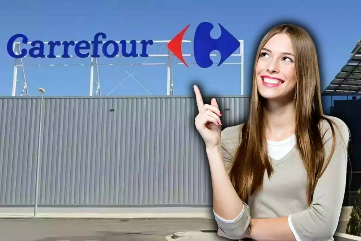 Mujer sonriente señalando hacia el letrero de Carrefour en la fachada de un edificio bajo un cielo despejado Mujer sonriente señalando hacia el letrero de Carrefour en la fachada de un edificio bajo un cielo despejado