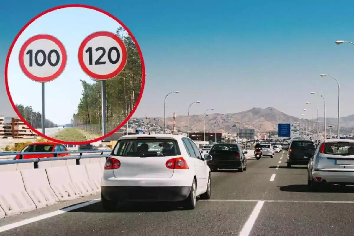 Imagen de fondo de varios coches circulando por una autopista en España junto a otra imagen de dos carteles de límite de velocidad a 100 y 120 km/h Imagen de fondo de varios coches circulando por una autopista en España junto a otra imagen de dos carteles de límite de velocidad a 100 y 120 km/h