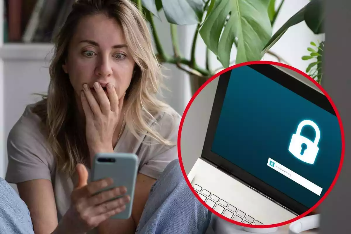 Imagen de fondo de una mujer con un móvil en la mano y cara de sorpresa, junto a otra imagen en primer plano de un ordenador con un pantalla de solicitud de contraseña Imagen de fondo de una mujer con un móvil en la mano y cara de sorpresa, junto a otra imagen en primer plano de un ordenador con un pantalla de solicitud de contraseña