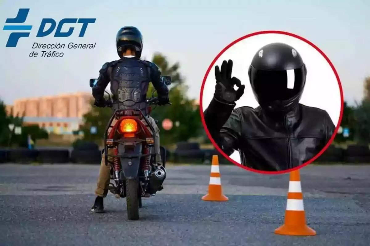 Motociclista con equipo de protección realizando una maniobra entre conos de tráfico, con el logotipo de la Dirección General de Tráfico y una imagen de un motociclista haciendo un gesto de aprobación. Motociclista con equipo de protección realizando una maniobra entre conos de tráfico, con el logotipo de la Dirección General de Tráfico y una imagen de un motociclista haciendo un gesto de aprobación.