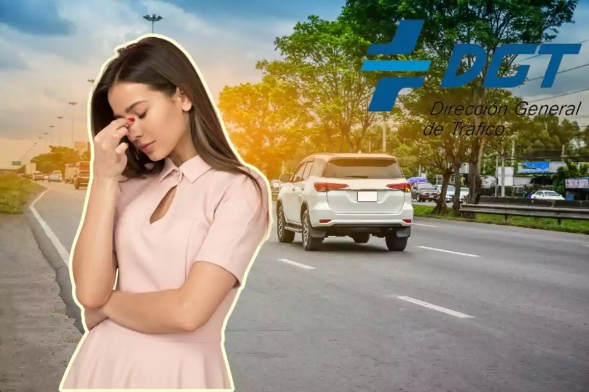 Una dona amb gest de preocupació està superposada sobre una imatge d?una carretera amb trànsit i un logotip de la Direcció General de Trànsit. Una dona amb gest de preocupació està superposada sobre una imatge d?una carretera amb trànsit i un logotip de la Direcció General de Trànsit.