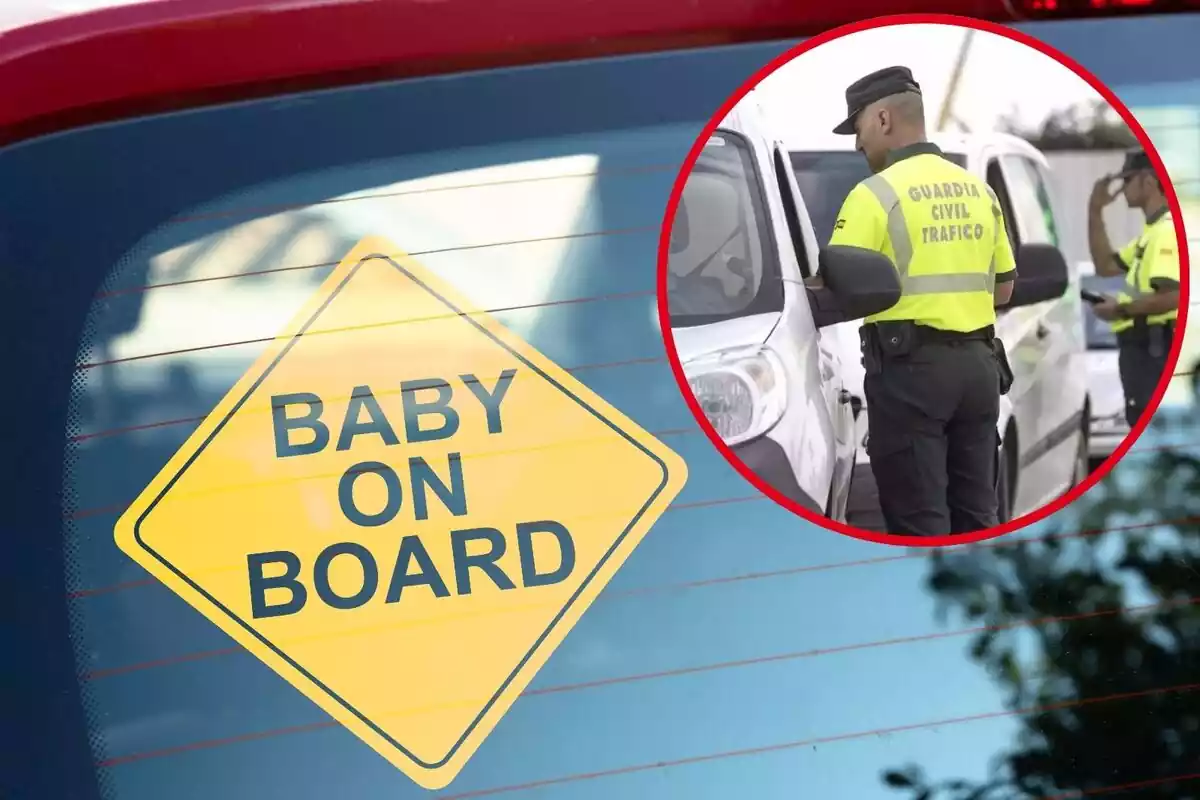 Imagen de fondo de un coche con una pegatina cubriendo un cristal y otra imagen de un agente de la Guardia Civil parando un coche Imagen de fondo de un coche con una pegatina cubriendo un cristal y otra imagen de un agente de la Guardia Civil parando un coche