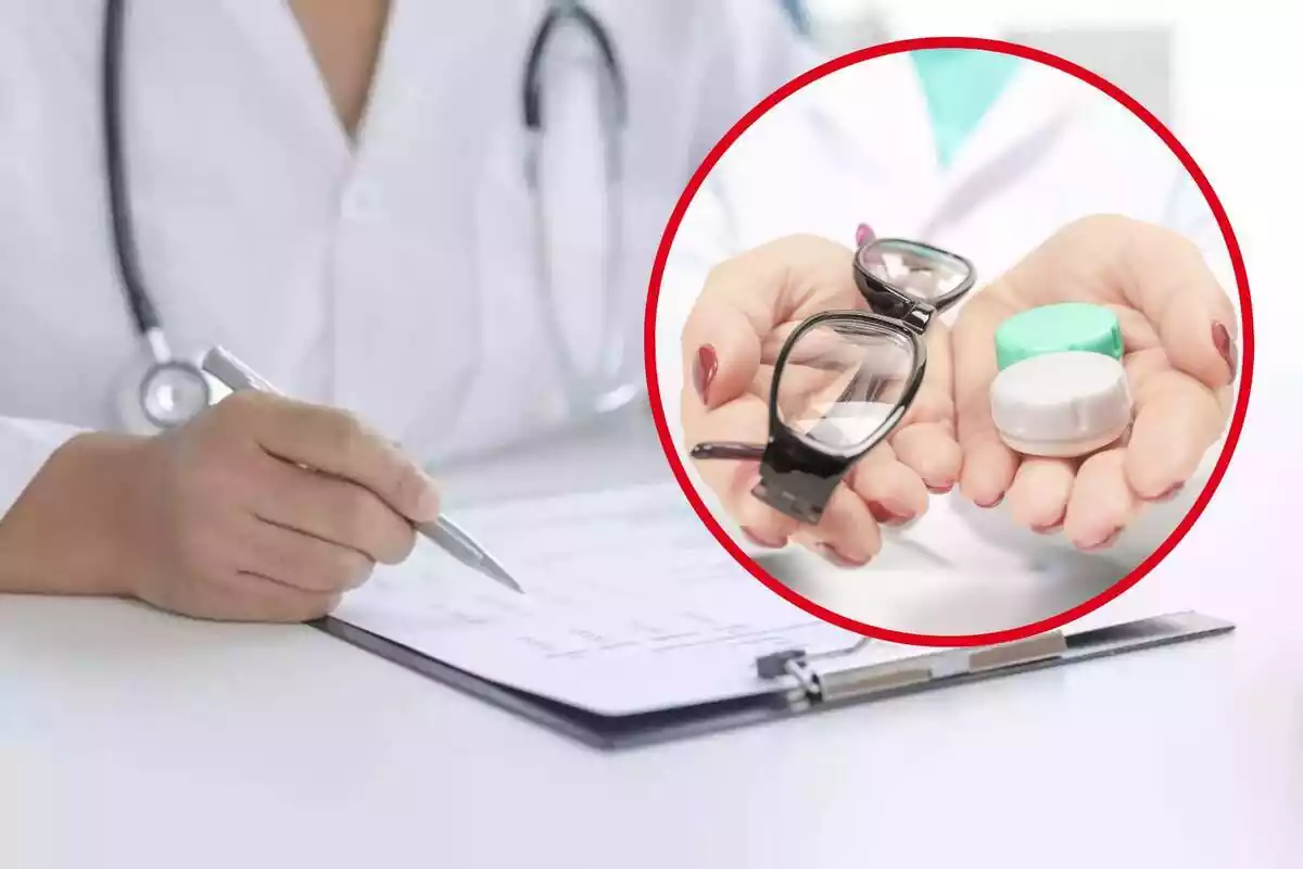 Fotomontaje de las manos de un médico con un informe de imagen de fondo y al frente una redonda roja con una mano con gafas y una caja de lentillas Fotomontaje de las manos de un médico con un informe de imagen de fondo y al frente una redonda roja con una mano con gafas y una caja de lentillas