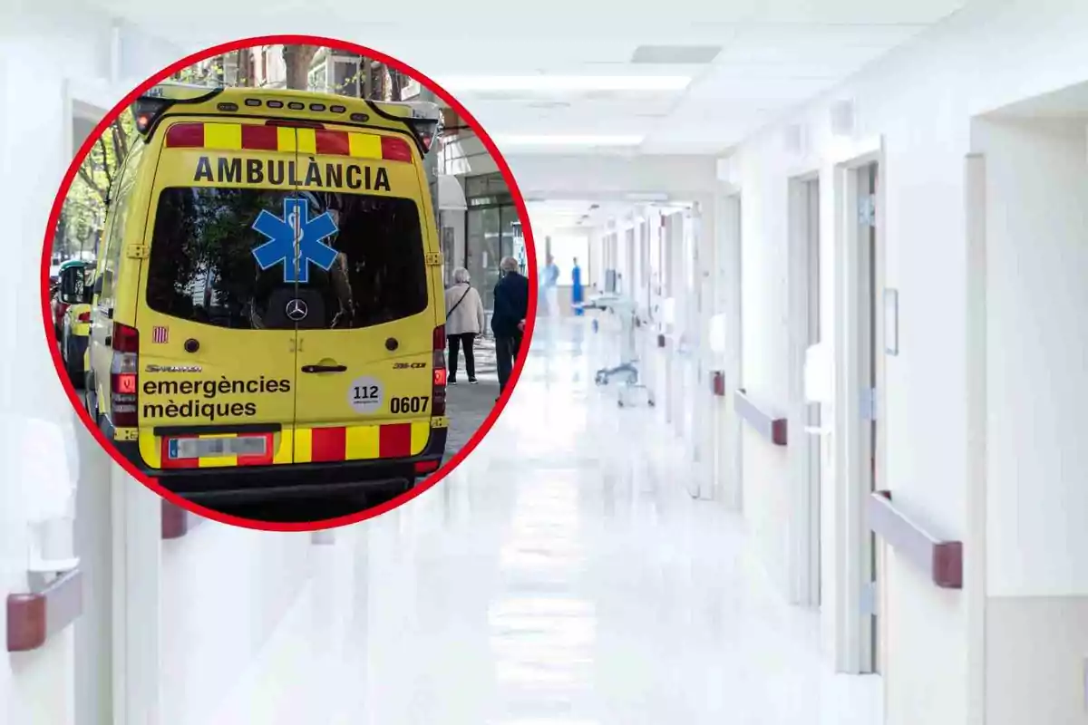 Fotomontaje con una imagen de fondo del pasillo de un hospital y al frente una redonda roja con una imagen de una ambulancia del SEM Fotomontaje con una imagen de fondo del pasillo de un hospital y al frente una redonda roja con una imagen de una ambulancia del SEM