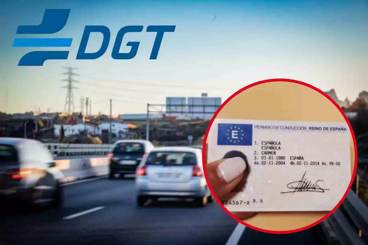 Fotomontaje con una imagen de fondo de una carretera con coches, al frente una redonda roja con un carnet de conducir y el logo de la DGT Fotomontaje con una imagen de fondo de una carretera con coches, al frente una redonda roja con un carnet de conducir y el logo de la DGT