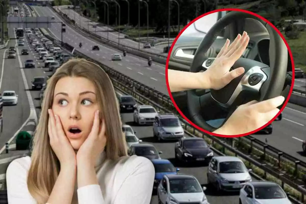 Fotomontaje con una imagen de fondo de coches en la carretera, al frente una mujer preocupada y una redonda roja con una mano tocando el claxon Fotomontaje con una imagen de fondo de coches en la carretera, al frente una mujer preocupada y una redonda roja con una mano tocando el claxon