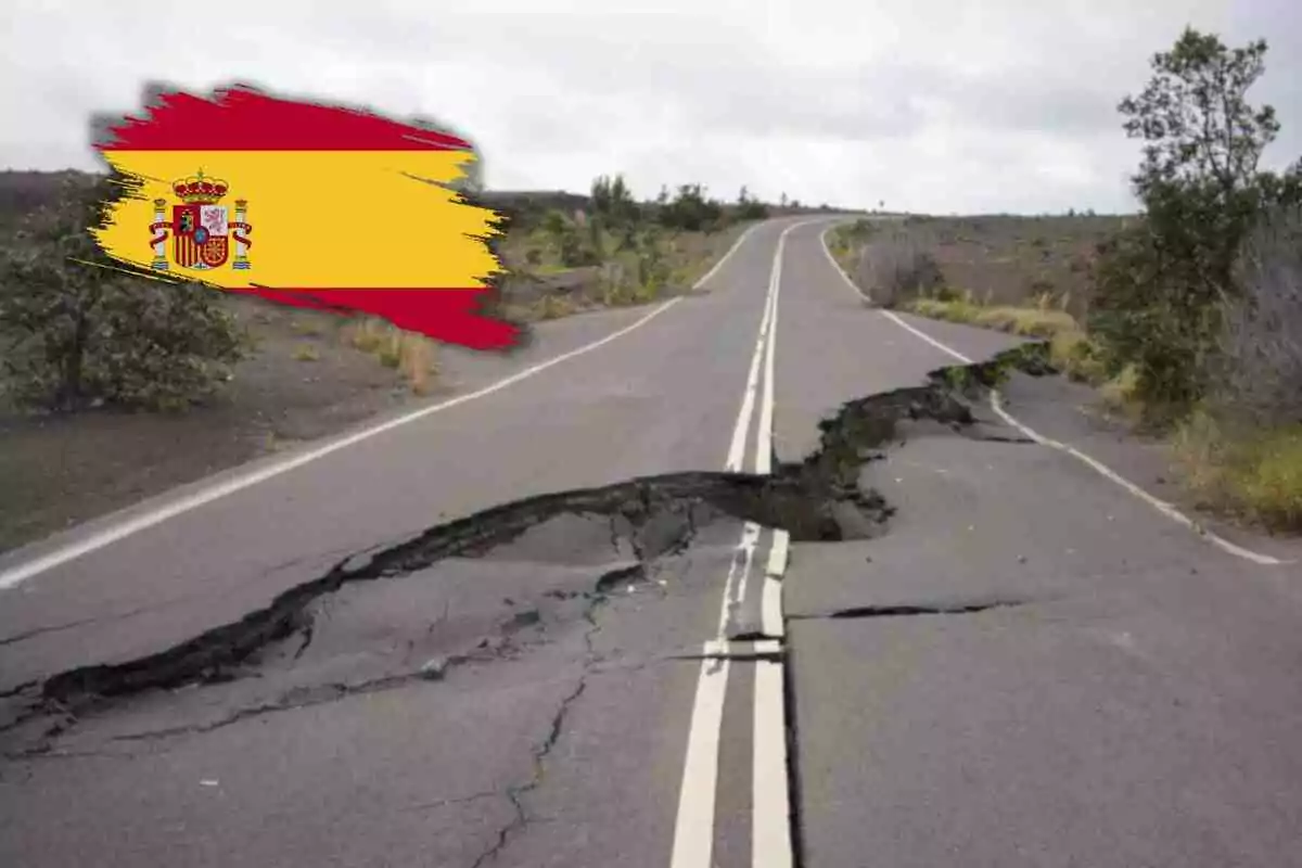 Carretera agrietada con una bandera de España superpuesta en la esquina superior izquierda. Carretera agrietada con una bandera de España superpuesta en la esquina superior izquierda.