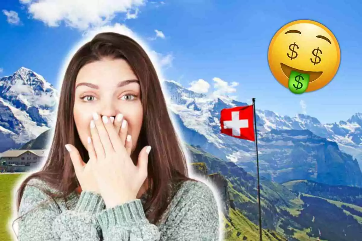 Una mujer sorprendida con las manos en la boca frente a un paisaje montañoso con una bandera suiza y un emoji de dinero. Una mujer sorprendida con las manos en la boca frente a un paisaje montañoso con una bandera suiza y un emoji de dinero.