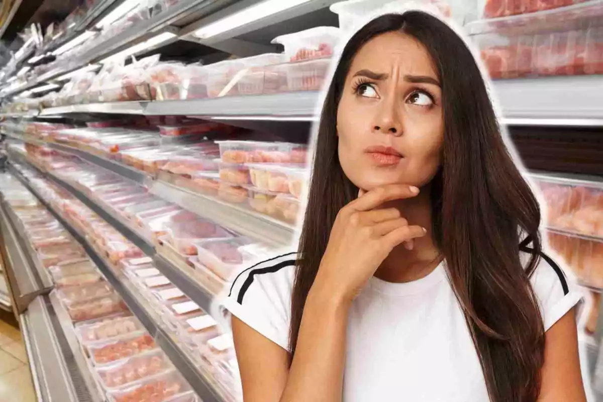 Dona pensativa en un passadís de supermercat ple de productes envasats. Dona pensativa en un passadís de supermercat ple de productes envasats.