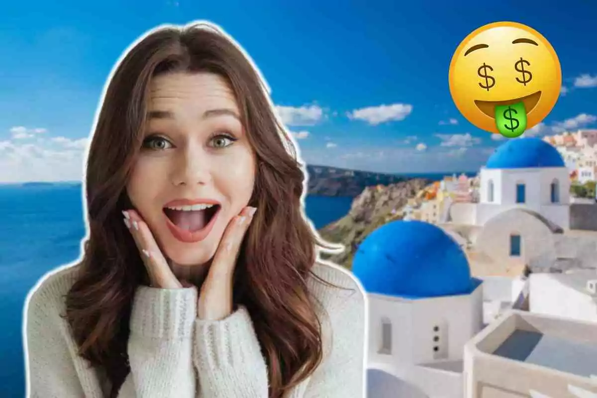 Mujer sorprendida con fondo de paisaje costero en Santorini y emoji de dinero. Mujer sorprendida con fondo de paisaje costero en Santorini y emoji de dinero.