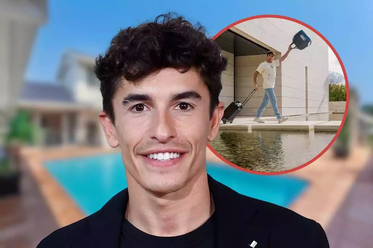 Fotomontaje de Marc Márquez con una imagen de fondo difuminada de casa con piscina y una redonda roja con su casa