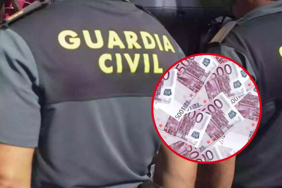 Montaje de la Guardia Civil y una redonda con billetes de 500 euros Montaje de la Guardia Civil y una redonda con billetes de 500 euros